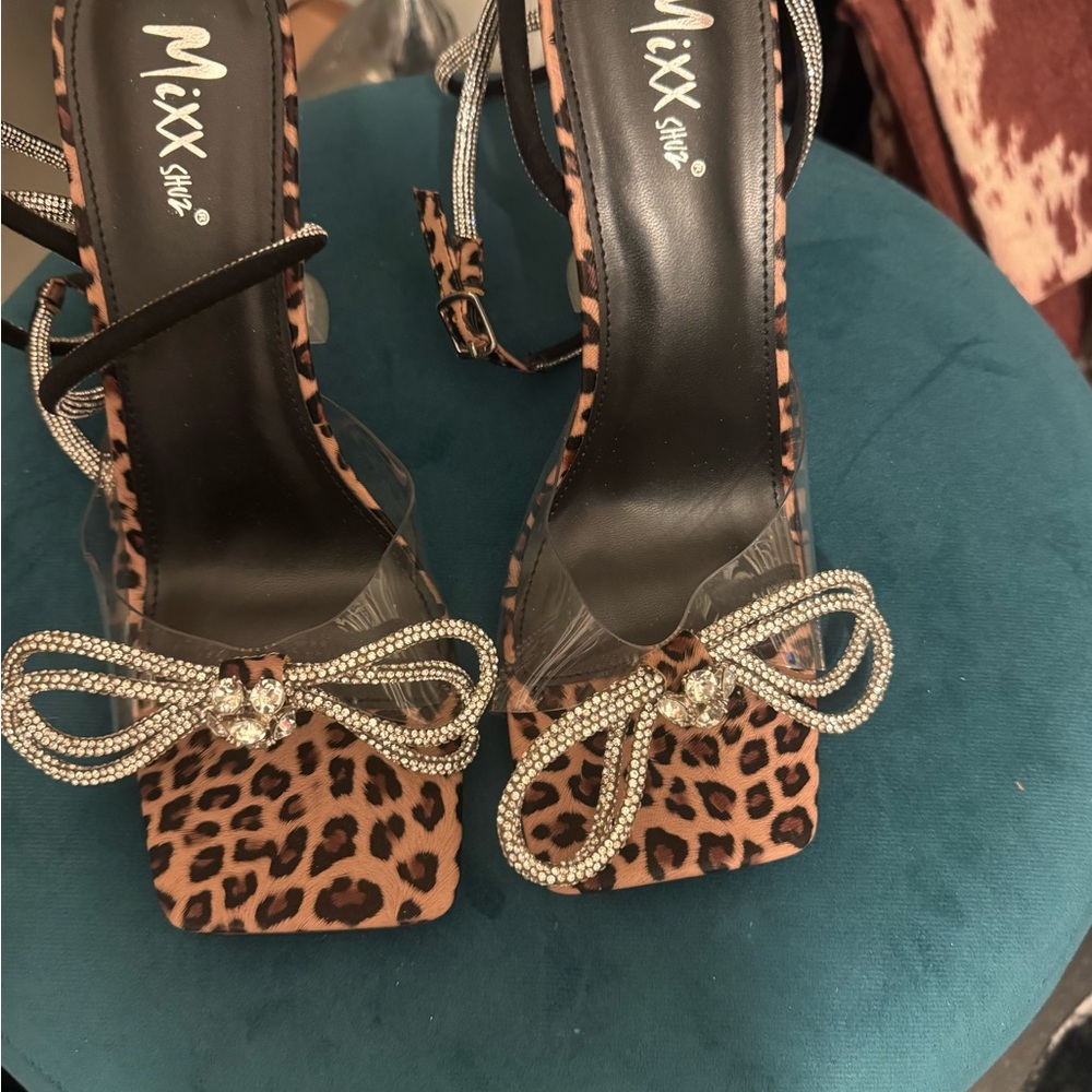 Mixx Shuz Leopard Print Rhinestone Bow Strappy Heels - Brown